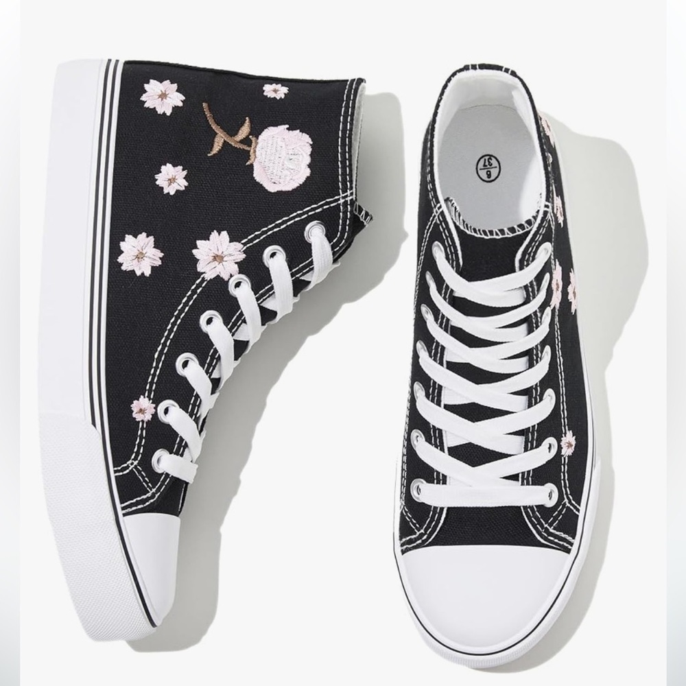 Cherry Blossom embroidered canvas high tops size 8 black and pink